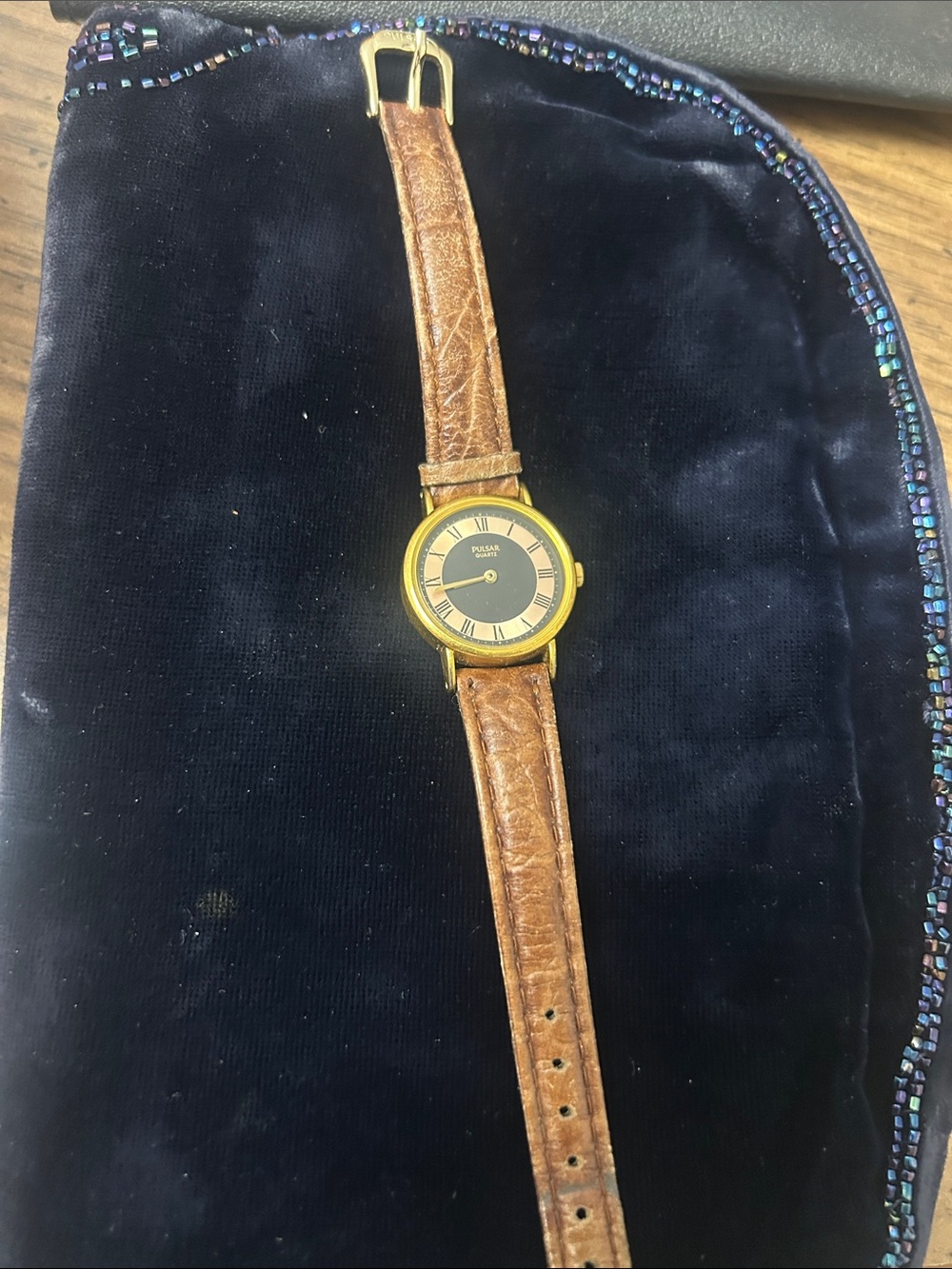 Pulsar Gold-Tone Case Watch with Brown Leather Strap and Black Dial